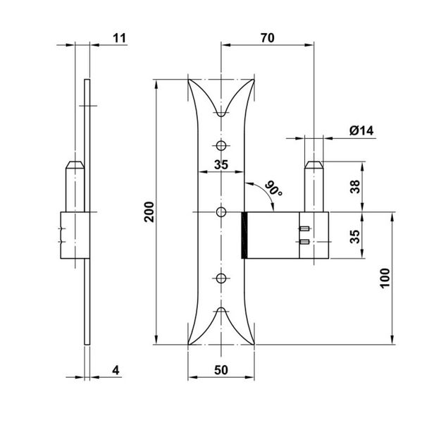 Amig Основание для накладной петли мод.5000 - 200x35x4 mm Ø14, левая