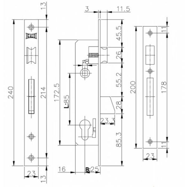 KALE Замок ALU (23 мм) 253U-25 защелка B=25 мм выкидной ригель