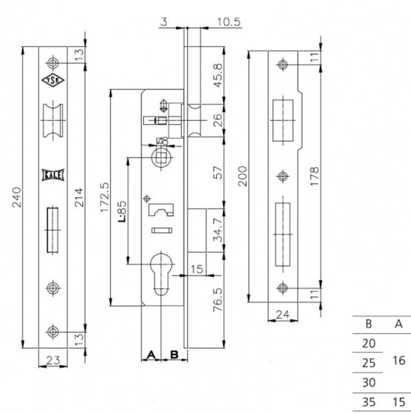 KALE Замок ALU (23 мм) 153U-30 защелка B=30 мм