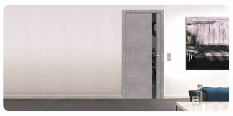 Дверне полотно PLATO LINE PTL-04, 800 х 2000, Сірий бетон, Lacobel чорний + Чорна глянсова кромка