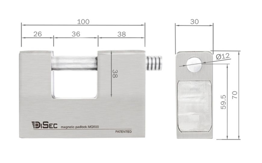 Замок висячий DISEC MG600 MAGNETIC_6G KM0P20 3KEY SLID_shackle 20мм 12мм BOX